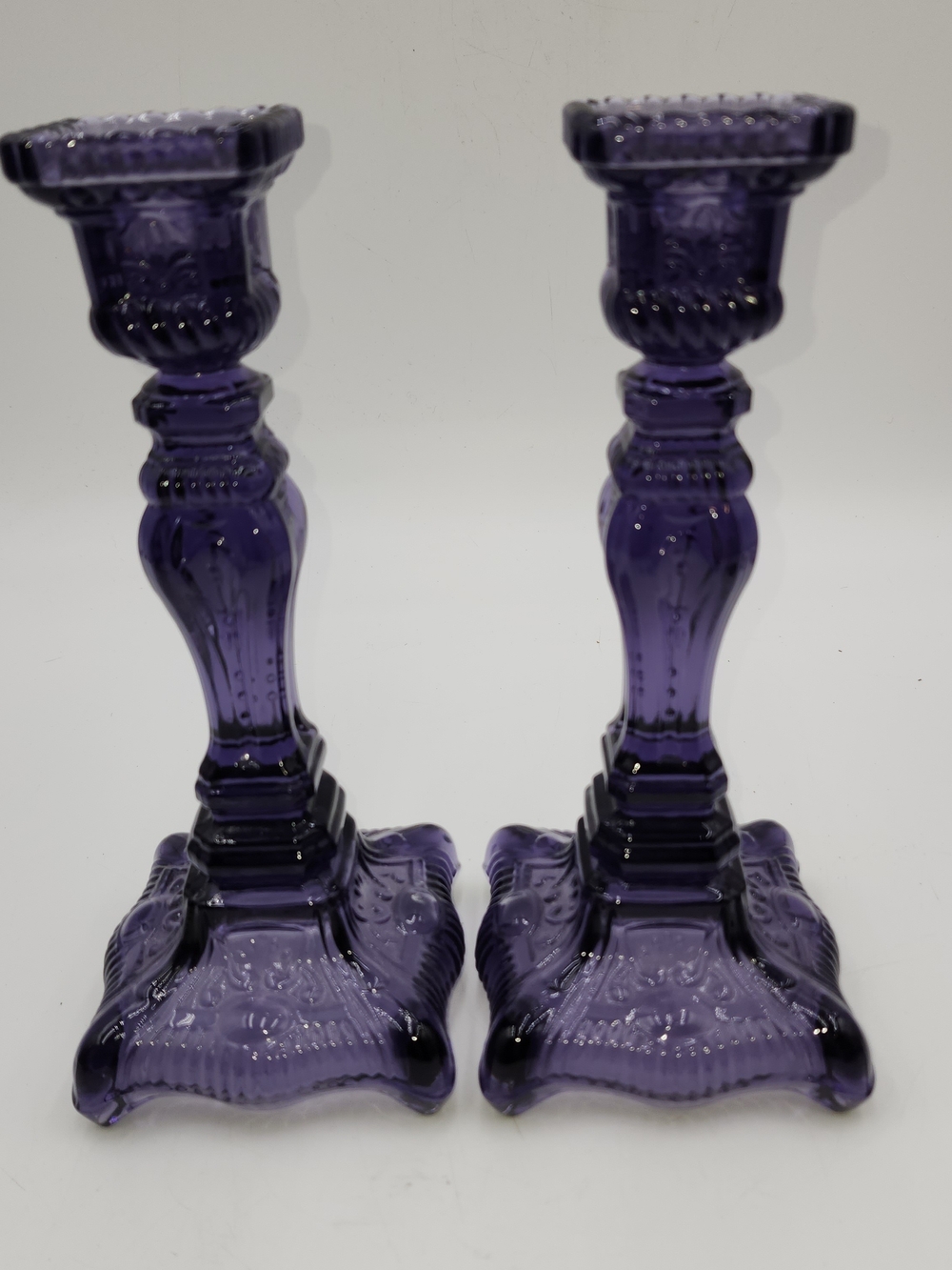 Vintage  Glass Candlestick Pair Godinger  Yorktown PURPLE AMETHYST YORKTOWN
